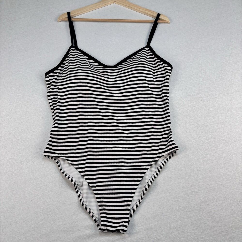 Black White Striped Bodysuit Cami Ribbed High Cut Size S-M